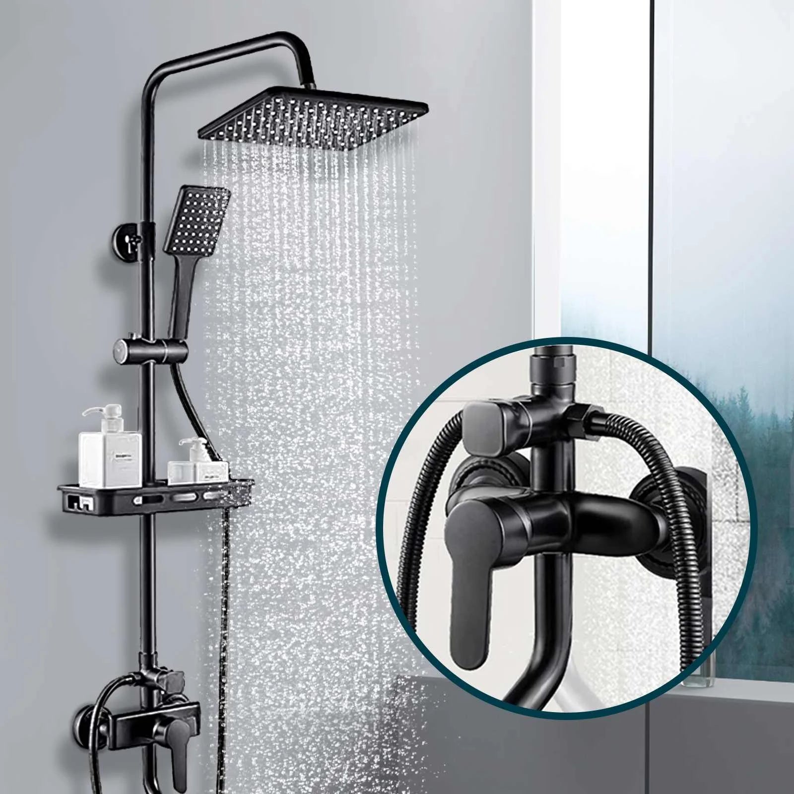 JETEVEVEN Ensemble Douche Pluie Mural Noir Mat – 3 Voies, Étagère Intégrée, Mitigeur Baignoire | Système Douche Complet