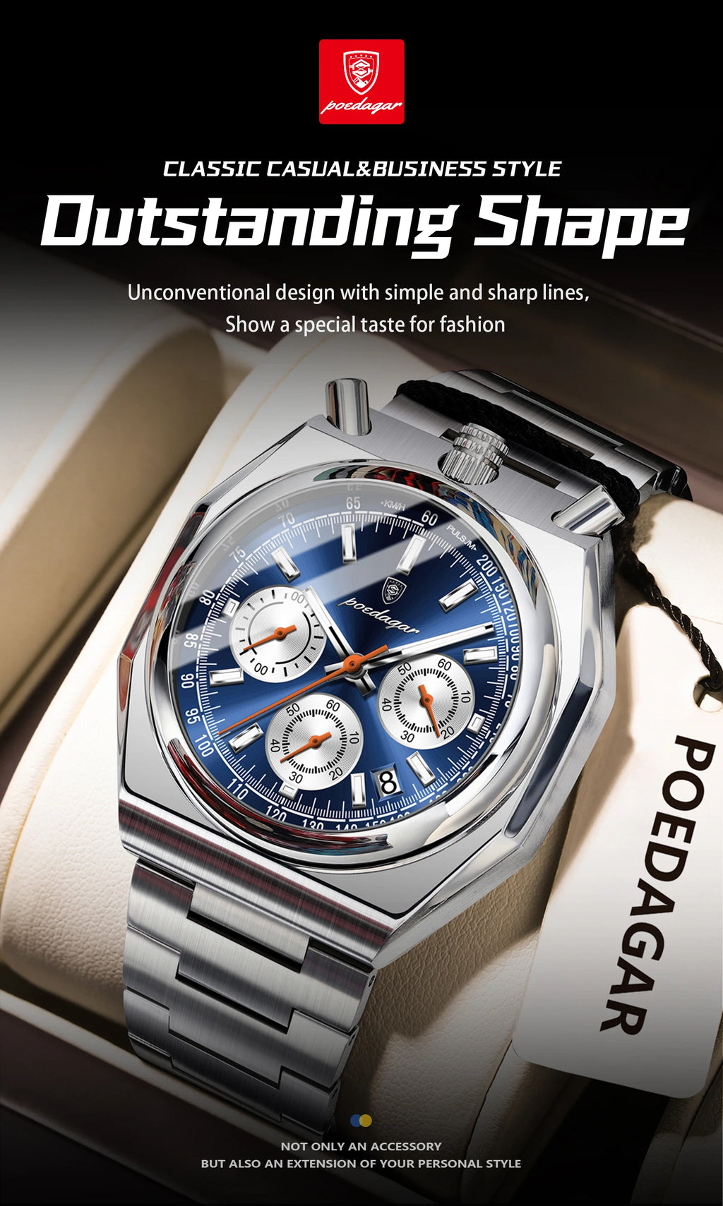 Montre Homme Luxe POEDAGAR Chronographe Militaire Acier Inoxydable Lumineux Étanche + Boîte
