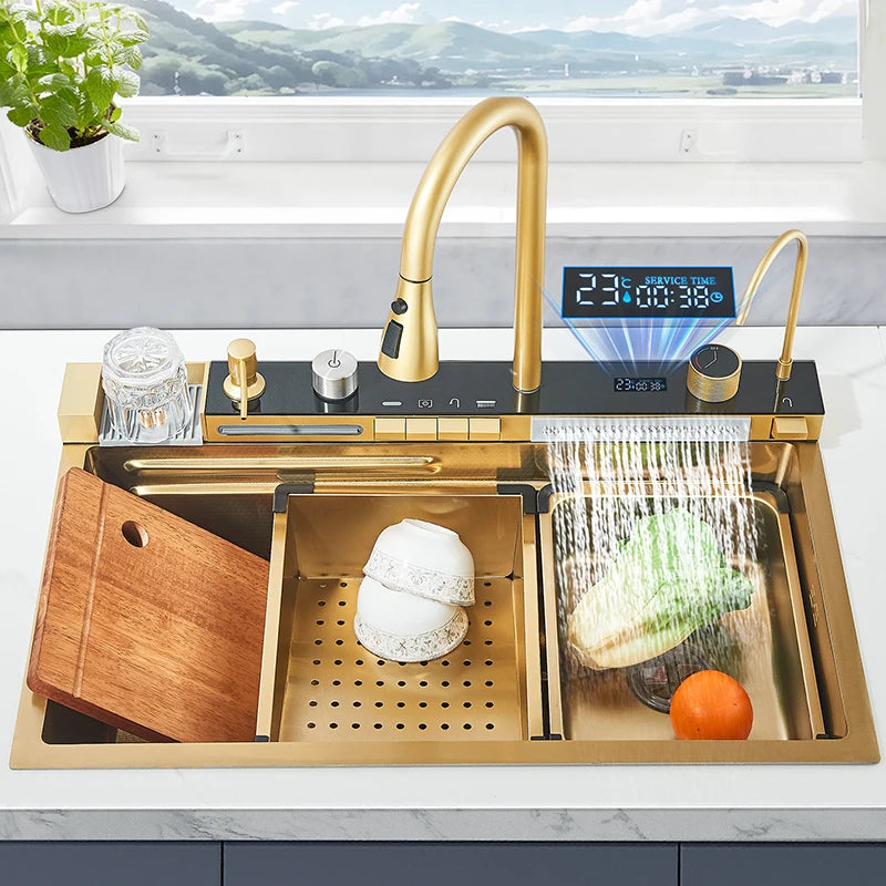 Évier Cuisine Inox 75x45cm Affichage Digital Température – Grand Bac, Robinet Cascade Eau Chaude & Froide | Design Moderne