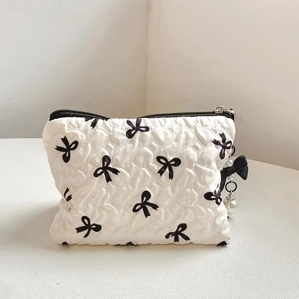 Trousse Cosmétique Nœud Plissé Coton Matelassé – Pochette Maquillage Voyage Filles | Organisateur Portable