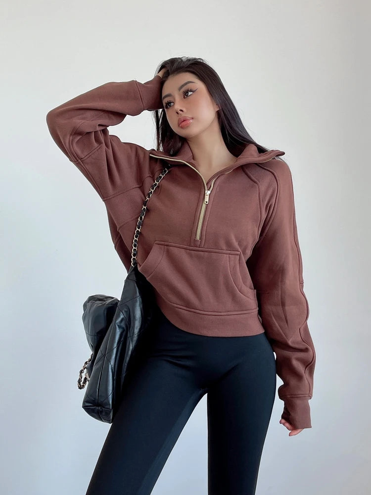 Sweat Femme Oversize Zip Polaire – Hoodie Streetwear Chaud Casual Rose Blanc