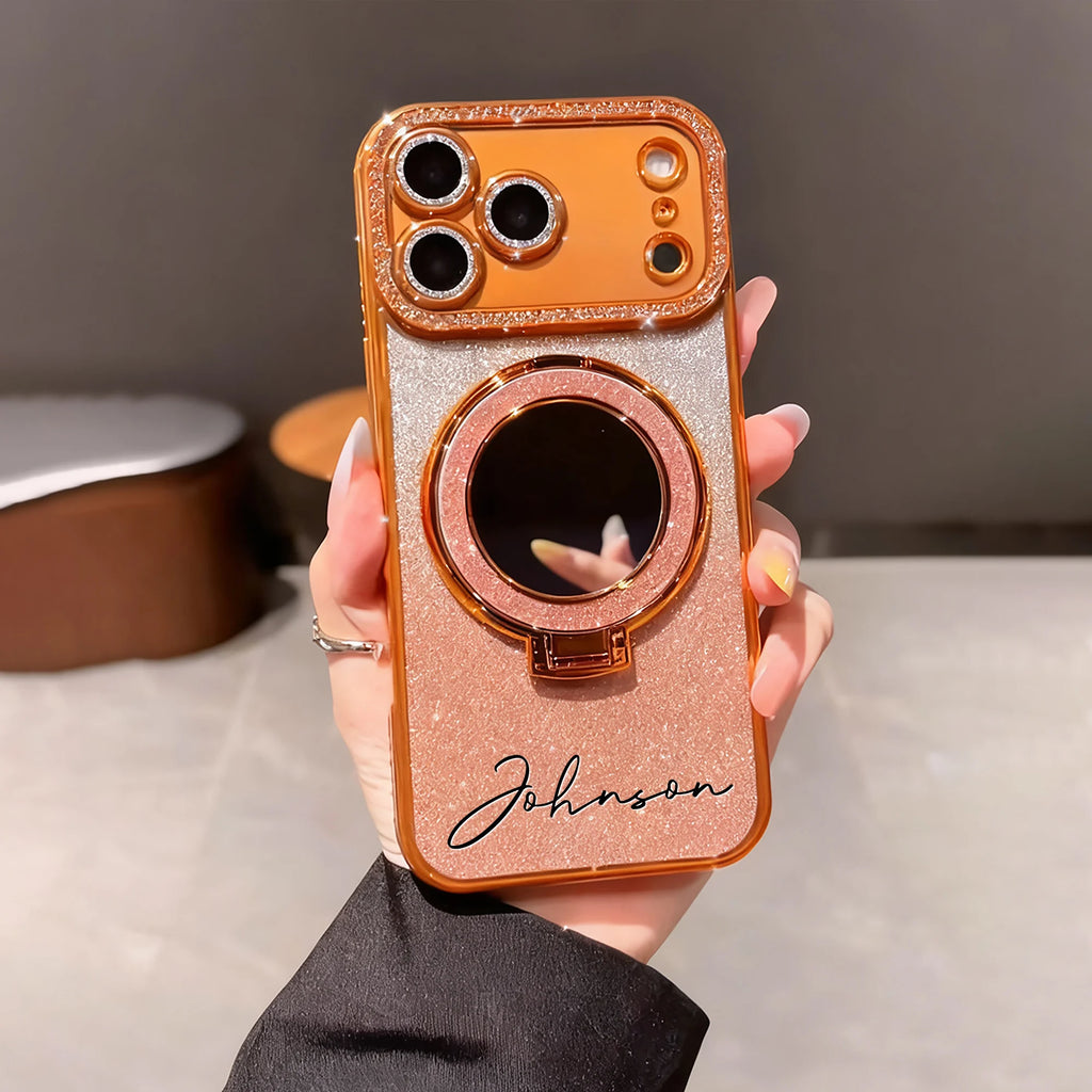 Coque iPhone Miroir Strass Personnalisée – Poudre Glitter & Support | iPhone 11-17 Pro Max