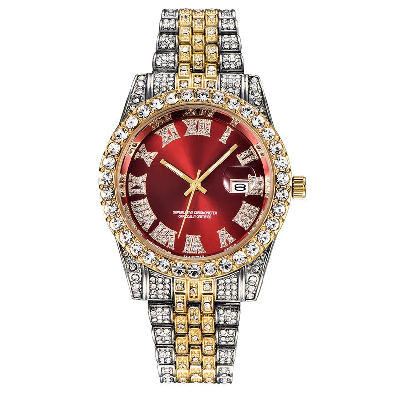 Montre Homme Hip Hop Diamant Fashion Bracelet Alliage Dorée Luxe Date Quartz Tendance Streetwear Bling | Montre Hip Hop Diamant Dorée Premium