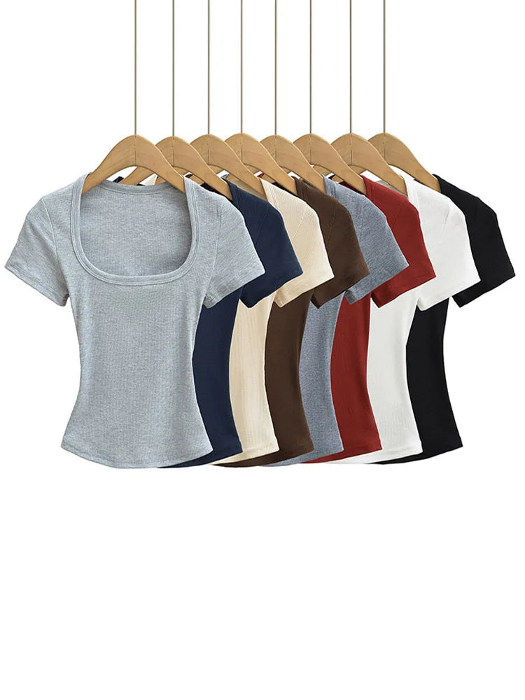 Crop Top Femme Col Carré Slim Stretch Manches Courtes Sexy – T-Shirt Court Élastique Casual Été | Mode