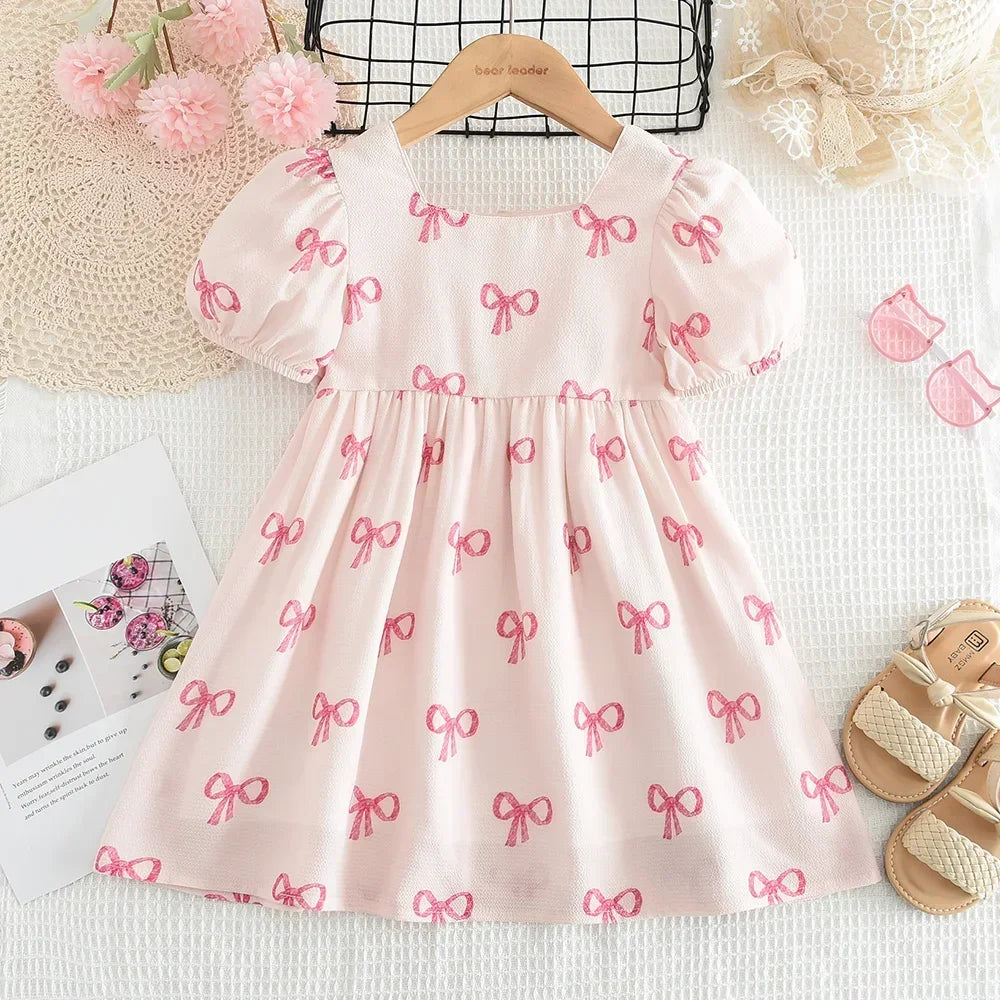 Robe Princesse Fille Manches Bouffantes Col Carré Nœud Imprimé – Tenue Casual Été 3-7 Ans