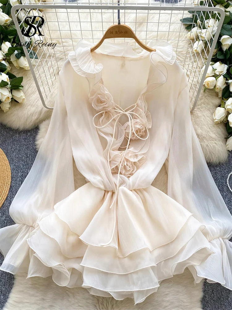 Robe Courte Femme Fleurs 3D Manches Longues Laçage Volants Mousseline – Vintage Bohème Sexy | Plage Été