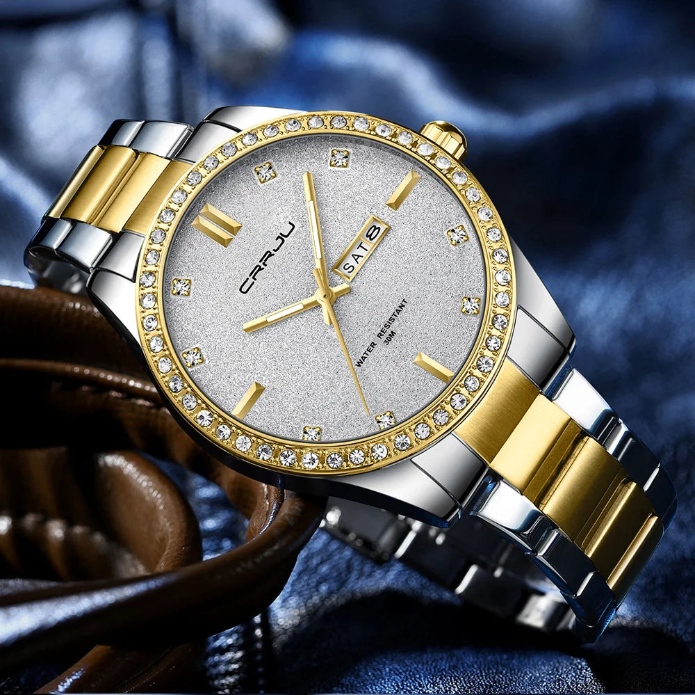 Montre Homme CRRJU Moissanite Diamant Luxe Cadran Doré Acier Inoxydable Lumineux Élégante Premium | Montre CRRJU Moissanite Diamant Luxe Premium