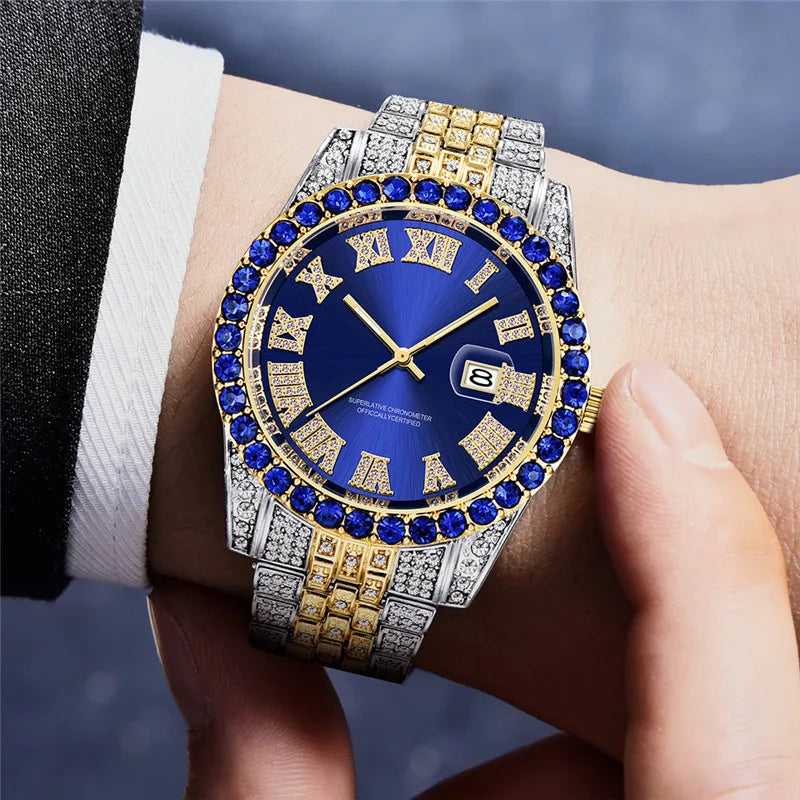 Montre Homme Hip Hop Diamant Fashion Bracelet Alliage Dorée Luxe Date Quartz Tendance Streetwear Bling | Montre Hip Hop Diamant Dorée Premium