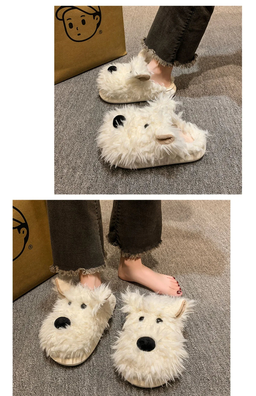 Chaussons Chien Cartoon Plush Hiver Femme – Coton Chaud Non-Slip Intérieur Maison