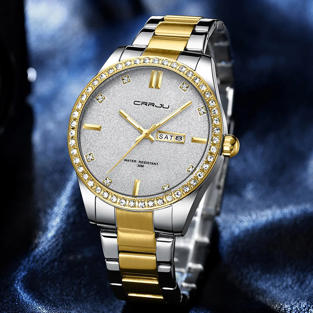 Montre Homme CRRJU Moissanite Diamant Luxe Cadran Doré Acier Inoxydable Lumineux Élégante Premium | Montre CRRJU Moissanite Diamant Luxe Premium