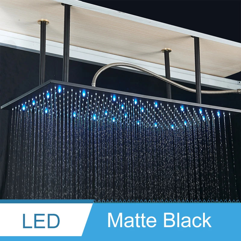 Shinesia Système Douche Pluie LED Plafond 40x80cm – Cascade & Pluie, Noir ou Or Brossé | Douche Luxe Salle de Bain