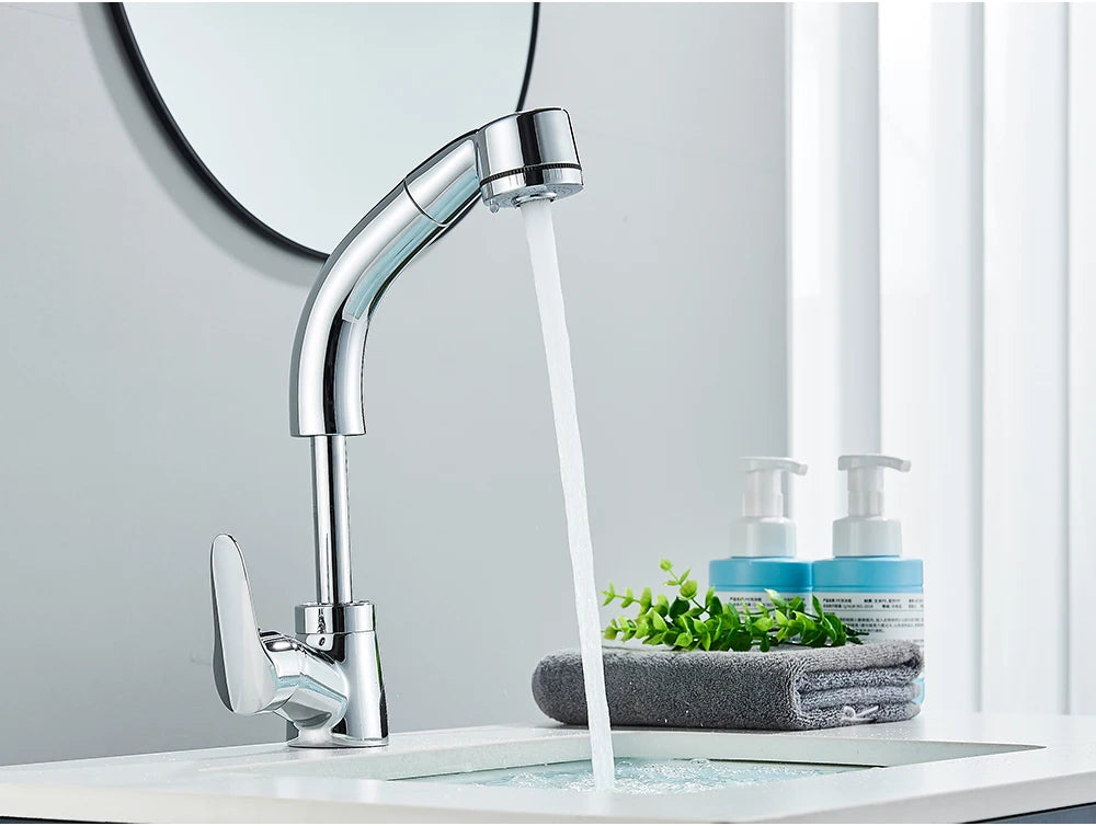 POIQIHY Robinet Lavabo Extractible Noir – Mitigeur Chaud Froid, Rotation 360°, Bec Relevable | Chrome & Noir Salle de Bain