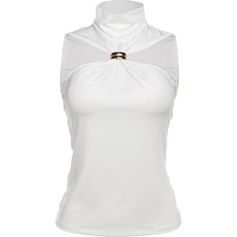 Top Débardeur Femme Nœud Métal Plissé Sans Manches Stretch Slim – Casual Streetwear Polyvalent | Été
