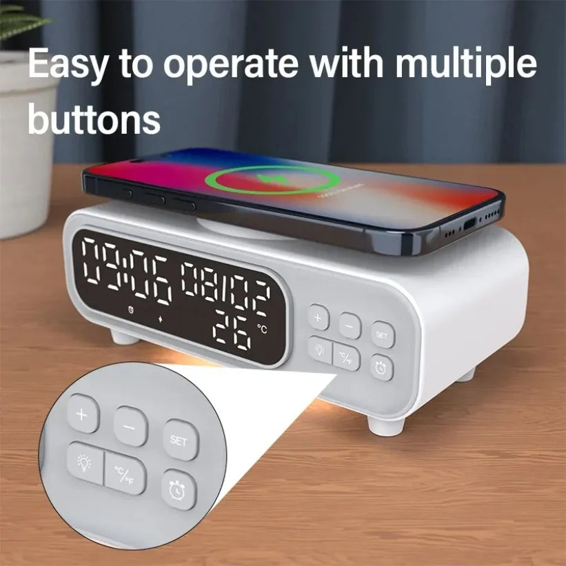 Chargeur Sans Fil 15W Horloge Alarme LED – Thermomètre Veilleuse Dock iPhone Écouteurs