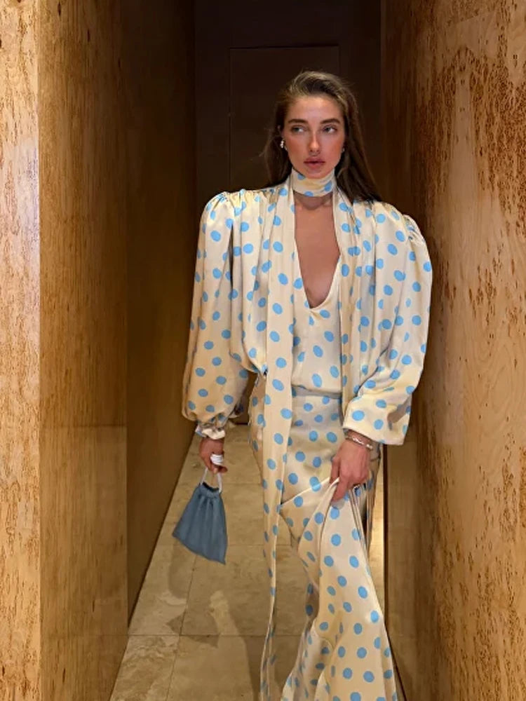Ensemble 2 Pièces À Pois Femme - Chemise Manches Longues & Jupe Avec Foulard | Style Élégant Printemps 2026