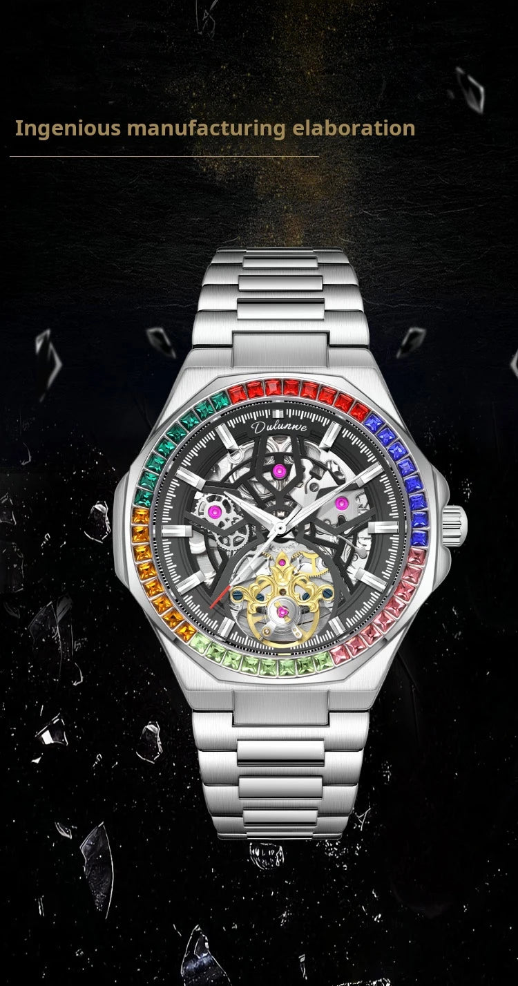 Montre Homme Tourbillon Automatique Mécanique – Lunette Gemmes Arc-en-Ciel Sport Business