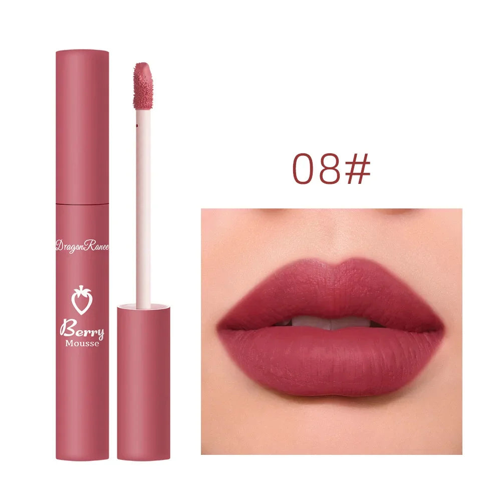 Gloss Lèvres Mat 12 Couleurs Berry Mousse – Glaçure Velours Waterproof Longue Tenue | Rouge à Lèvres Sexy Cosmétique