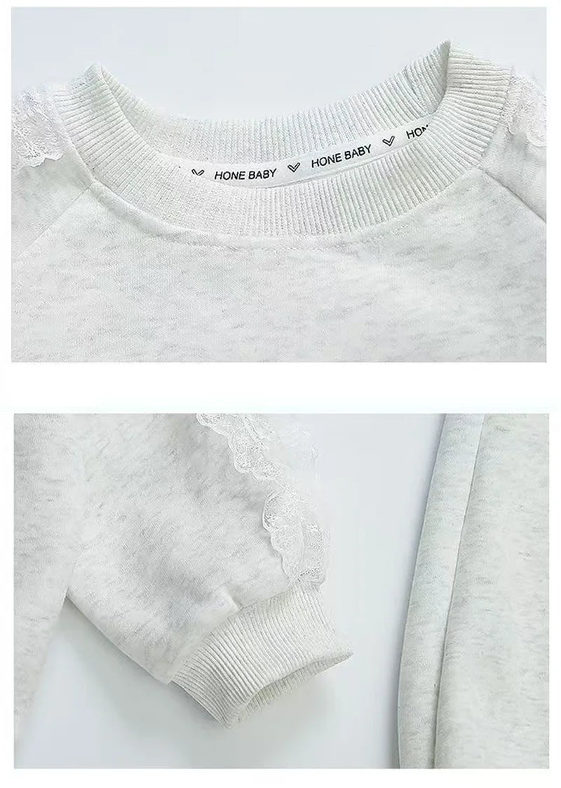 2-teiliges Set für Mädchen, Baumwolle, Spitze, Schleife – Langarm-Sweatshirt, Jogginghose für Kinder 2025