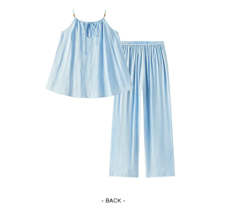 Ensemble 2 Pièces Femme Lin Pantalon Large Nœud Bretelles – Tenue Été Vacances Légère | Semir 2025