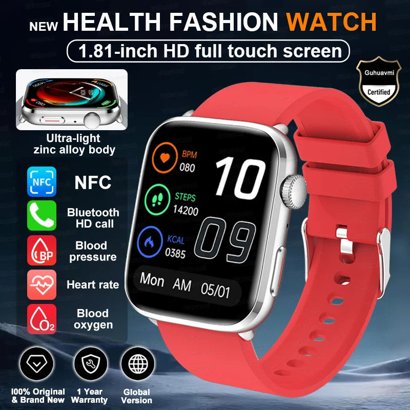 Smartwatch 2025 Unisex Gesundheit NFC Bluetooth – Blutdruck Sauerstoff Sport Anrufe | Herren & Damen