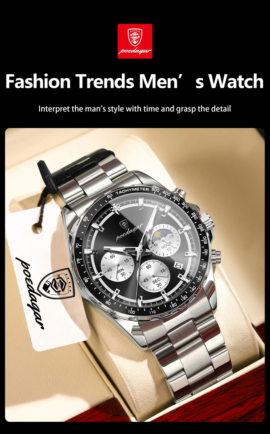 Montre Homme POEDAGAR Business Quartz Chronographe – Acier Lumineux Étanche Date Fashion