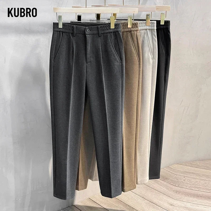 Pantalon Costume Homme Business Droit Laine Épaisse Ceinture Élastique Gris Marron Classique Korean Formal Automne Hiver – Pantalon de Costume Premium Toutes Tailles 28-38 | Mode Homme Business Premium