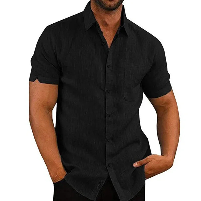 Herrenhemd Leinen Baumwolle Sommer Kurzarm Casual Unifarben Umlegekragen Formell Strand Leicht Atmungsaktiv – Lässiges Schickes Trendhemd | Premium Herrenmode