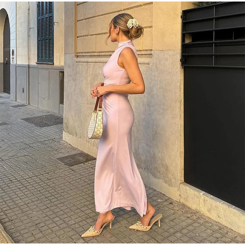 Damen Maxikleid Weiß Plissiert Ärmellos Rundhals – Schlank Machend Elegant | Sommerabend