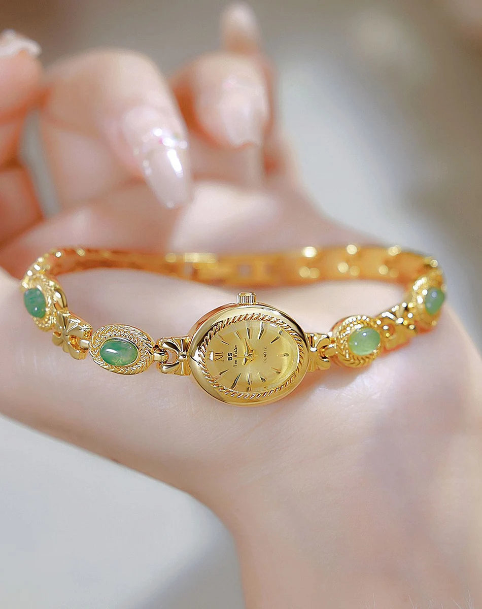 Montre Femme Luxe Jade Bracelet Quartz Dorée – Élégante Fashion Cadeau Idéal