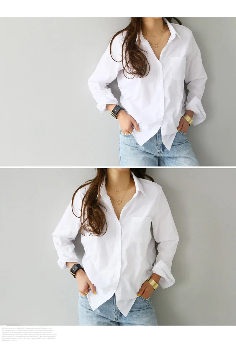Chemisier Blanc Coton Femme – Manches Longues Style Bureau Casual | Élégant & Polyvalent