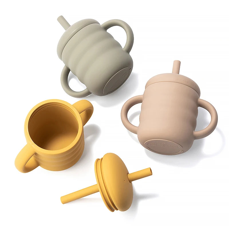 Baby-Silikonbecher mit Strohhalm – Auslaufsichere Lerntasse, tragbar, für Kinder-Snacks
