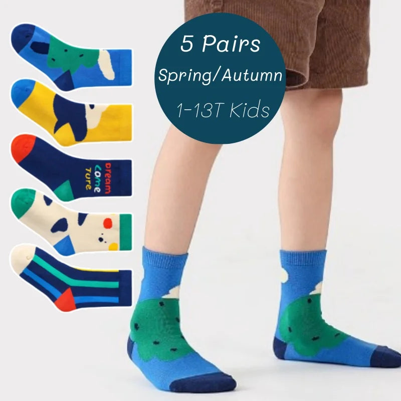 Lot 5 Paires Chaussettes Garçon Coton Rayures Motif Football – Chaussettes Enfant Printemps Automne 1-14 Ans