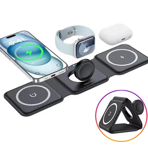 Chargeur Magnétique 3-en-1 Pliable 15W USB-C – Charge Rapide Smartphone Montre Écouteurs