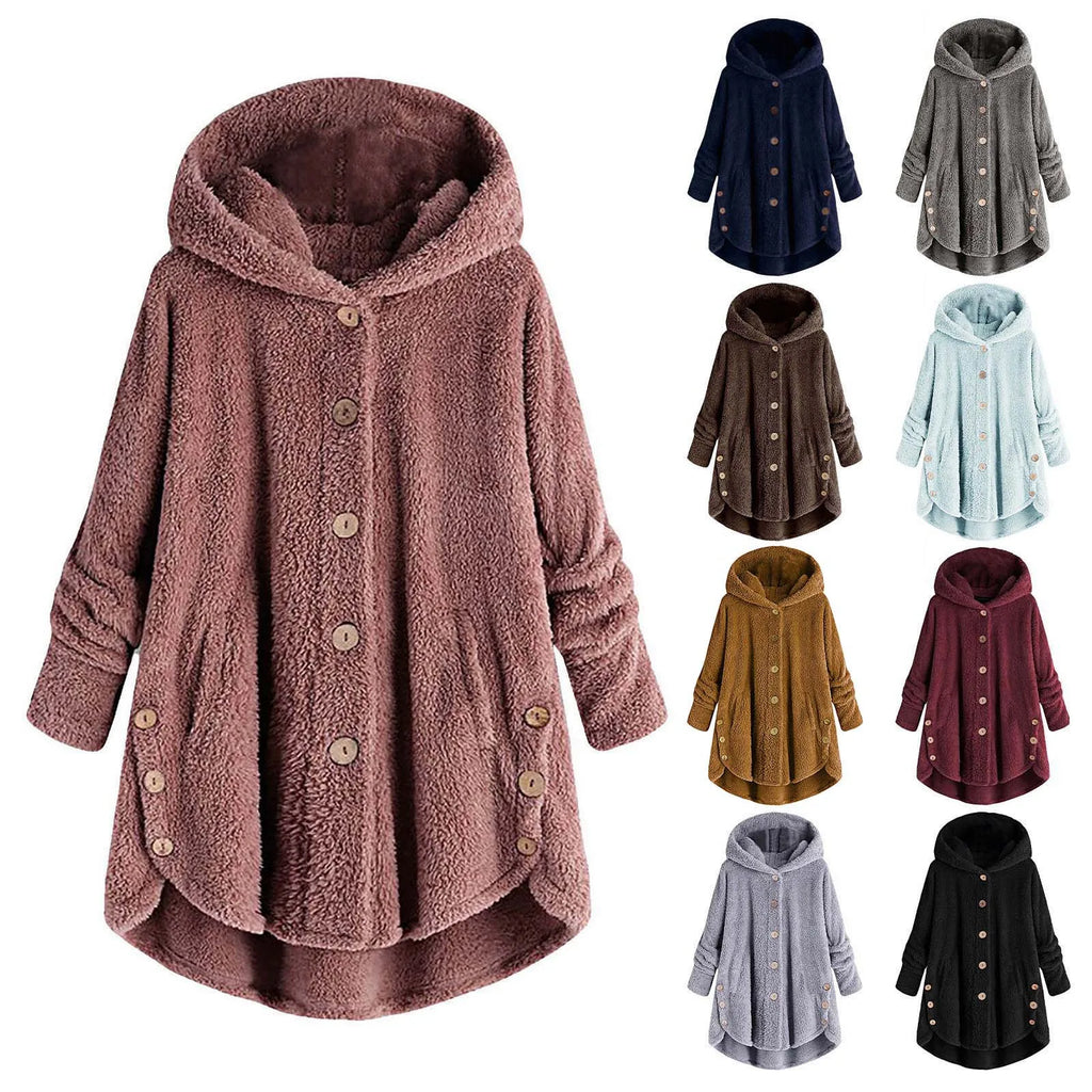 Damen Teddyfell-Mantel mit Kapuze – Warme Fleece-Jacke Unifarben | Herbst Winter Trend