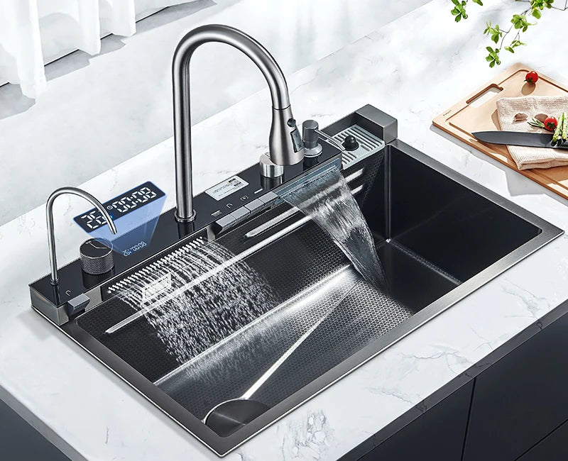 Évier Cuisine Inox 75x45cm Affichage Digital Température – Grand Bac, Robinet Cascade Eau Chaude & Froide | Design Moderne