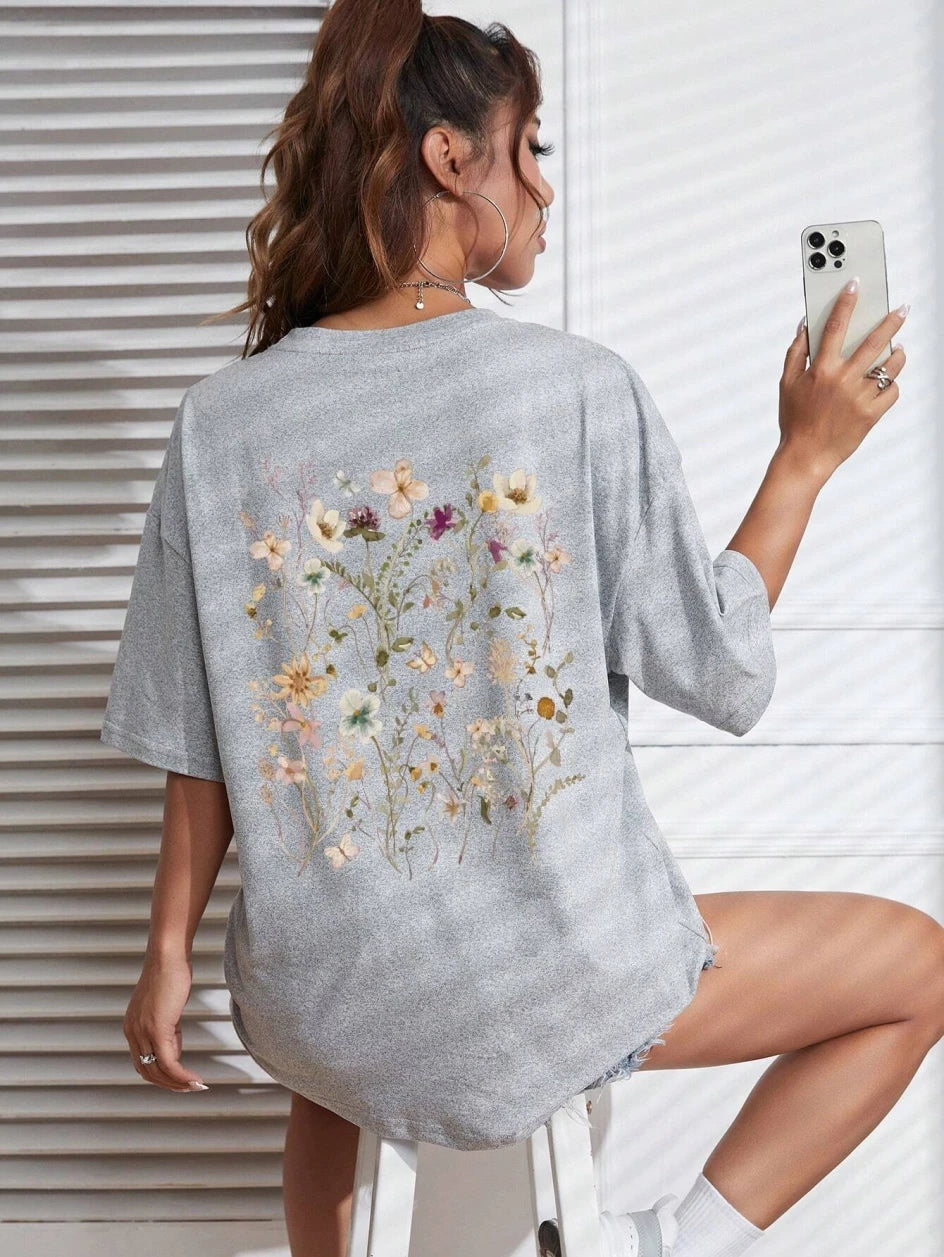 T-Shirt Femme Coton Imprimé Fleurs Manches Courtes Ample Doux Respirant – Top Casual Confortable | Street Style