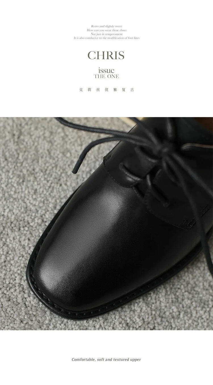 Loafers Bout Carré Chunky Heel Cuir Femme – Lacets Retro Noir Plus Size Printemps Automne