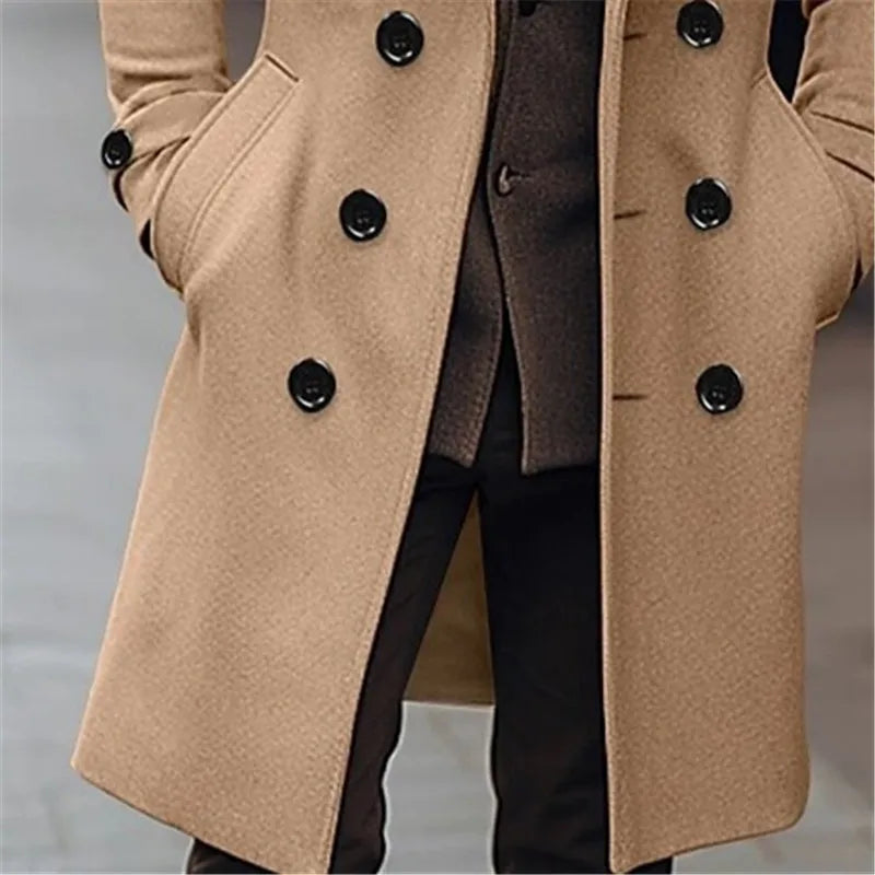 Manteau Homme Laine Double Boutonnage Long Trench Business Casual Style Anglais Élégant Automne Hiver Chaud Raffiné Premium – Manteau Laine Luxe Style Britannique | Mode Homme Luxe Hiver Premium