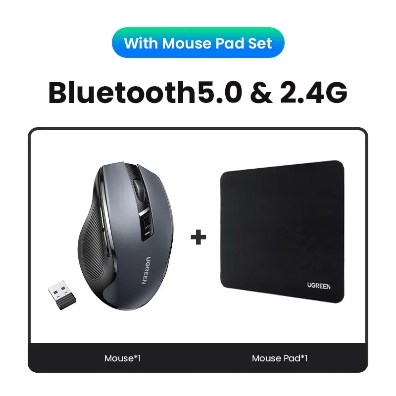 UGREEN Souris Sans Fil Ergonomique – Bluetooth 5.0 & 2.4G, 4000 DPI, 6 Boutons Silencieux | MacBook, PC & Tablette