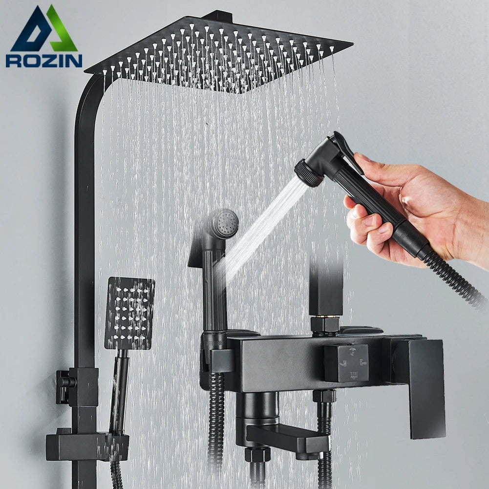 Rozin Ensemble Douche Pluie Mural Noir – Avec Bidet, Étagère & Bec Baignoire | Système Complet Laiton