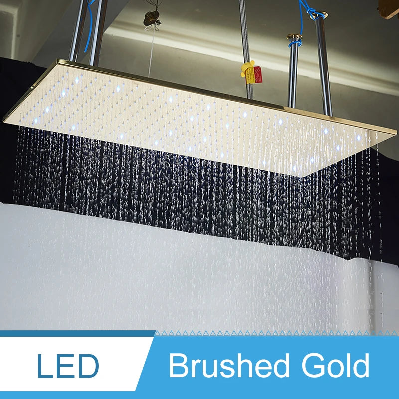 Shinesia Système Douche Pluie LED Plafond 40x80cm – Cascade & Pluie, Noir ou Or Brossé | Douche Luxe Salle de Bain