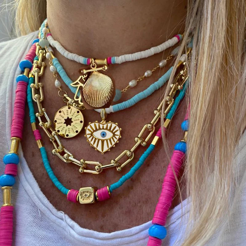 Collier Ras-du-Cou Boho Vintage – Cœur, Coquillage & Œil Turc | Bijou Femme Tendance Été & Plage | Accessoire Mode Charme
