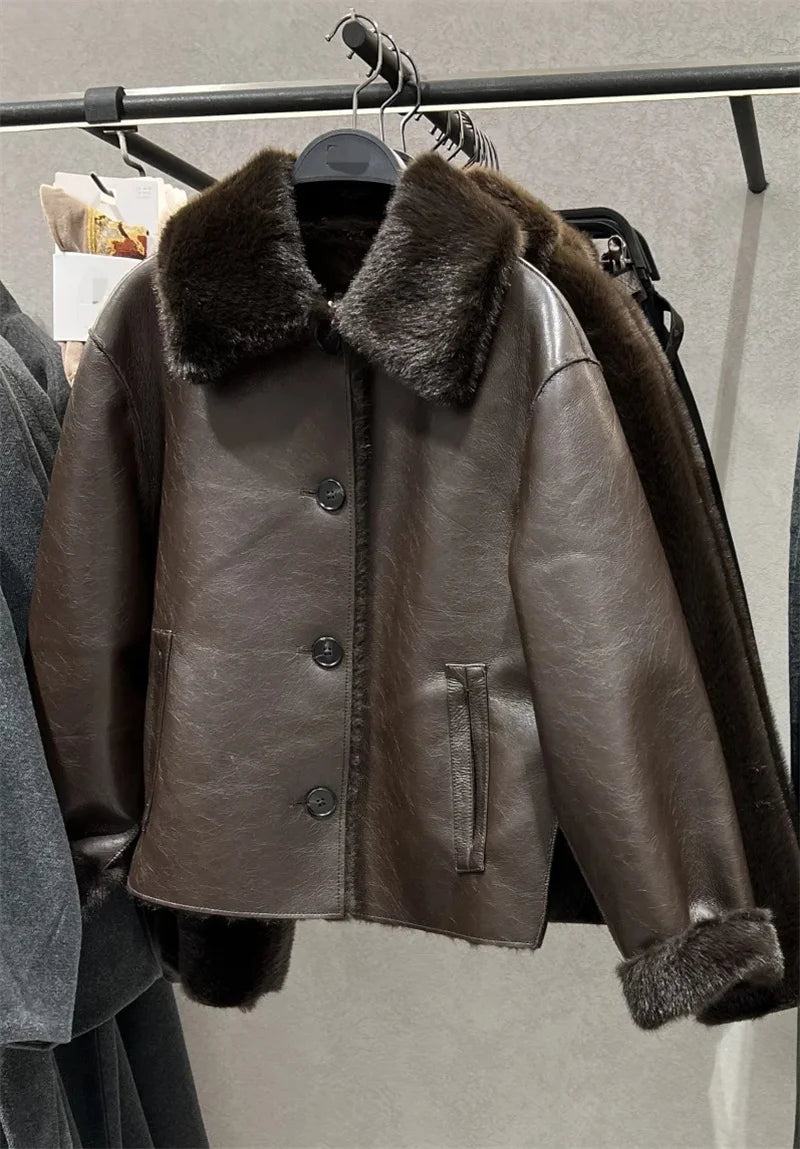 Veste Femme Cuir Synthétique Réversible Marron 2025 – Manches Longues Automne Hiver Unique