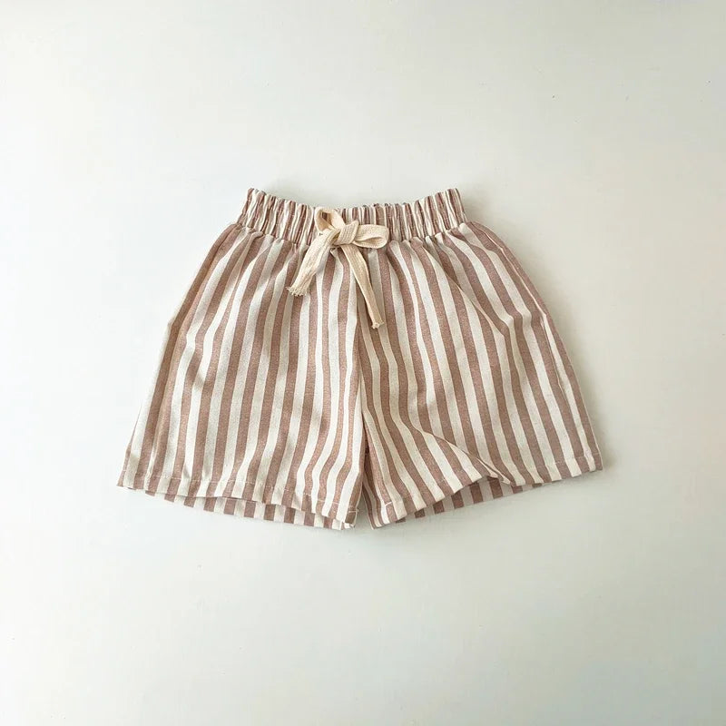 Short Lin Coton Enfant Rayures – Pantalon Court Casual Vintage Ample Garçon Fille Été
