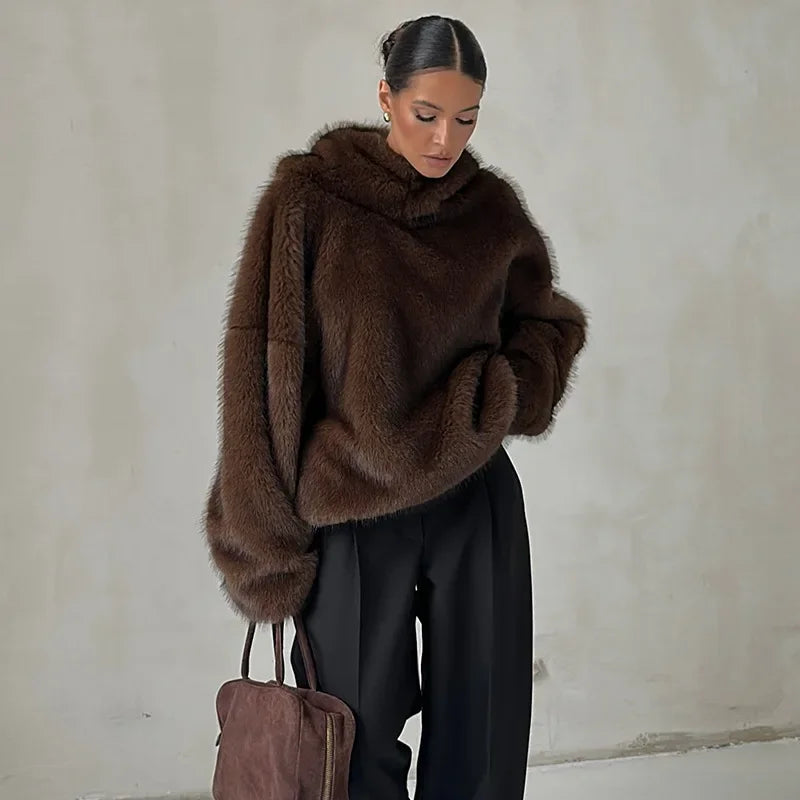 Manteau Fourrure Synthétique à Capuche Femme – Pull Oversize Chaud Marron | Mode Streetwear Automne Hiver