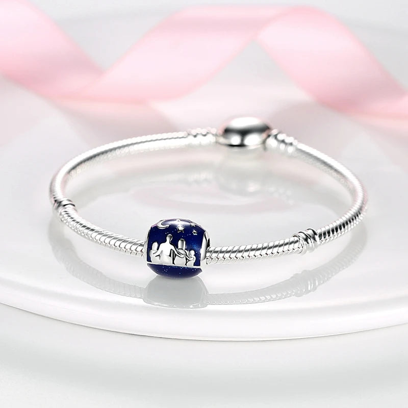 Charm Argent 925 Bleu Rotatif – Œil Démon, Main, Lune & Ciel Étoilé | Perle Pendentif Bracelet Femme | Bijou Spirituel & Mystique