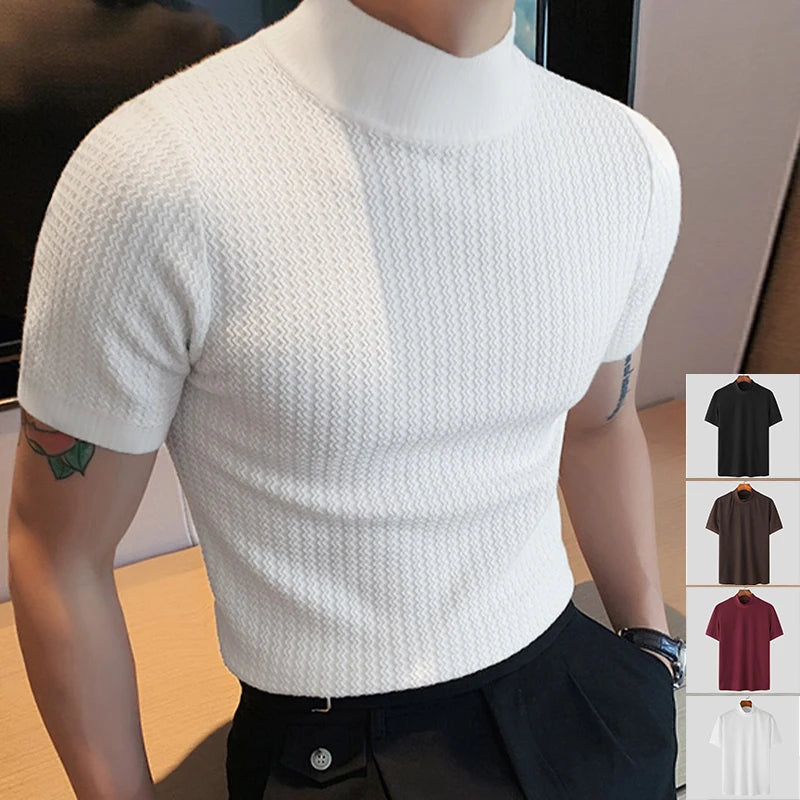 T-Shirt Homme Moulant Col Haut Texturé Couleur Unie Manches Courtes Style Coréen K-Fashion Streetwear Casual Été | Tee Shirt Col Haut K-Fashion Premium