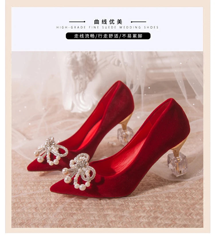 Chaussures Mariée Perle Talon Épais Bout Pointu – Xiuhe Robe Mariage Confortables