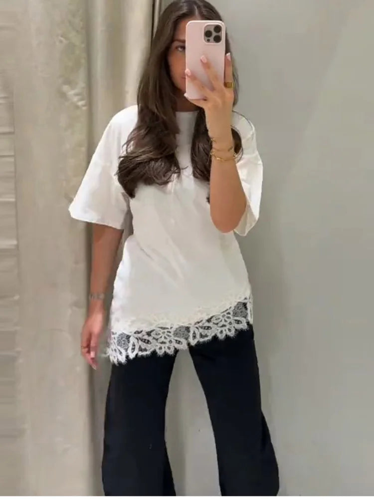 Top elegant aus Satin mit Spitze, Patchwork, Langarm, Spaghettiträgern – Lässige Bluse für Damen | Frühling 2026