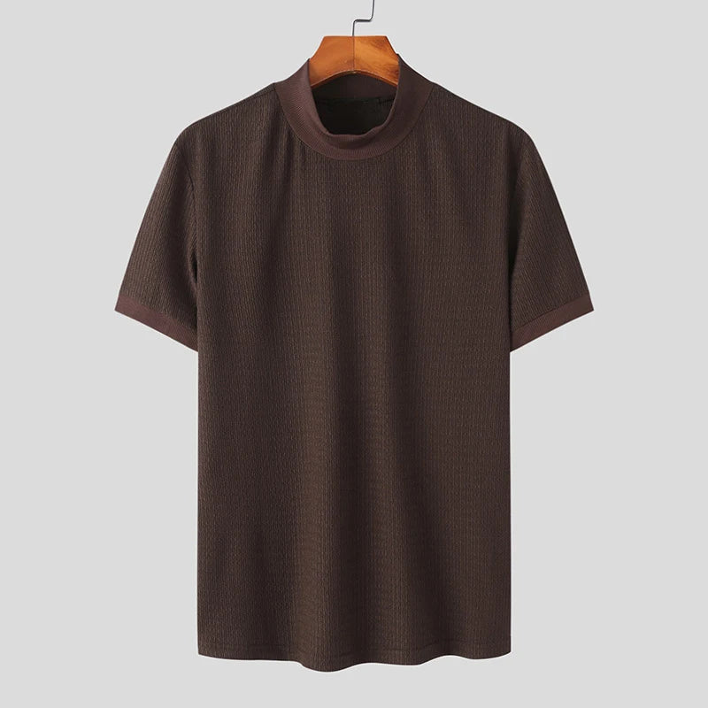 T-Shirt Homme Moulant Col Haut Texturé Couleur Unie Manches Courtes Style Coréen K-Fashion Streetwear Casual Été | Tee Shirt Col Haut K-Fashion Premium
